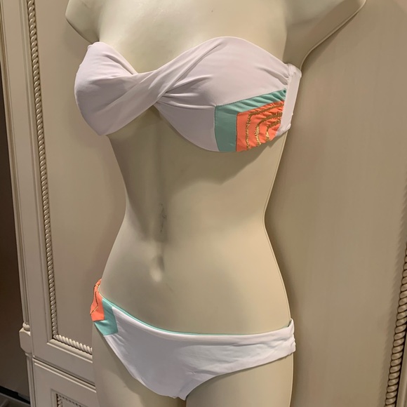 L*Space White &Coral Strapless Chevron Bikini XS S - Picture 2 of 9